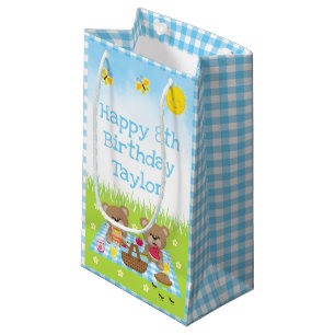 Sacola Para Presentes Pequena Teddy Bears Picnic Blue Gingham Parabéns