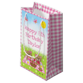 Sacola Para Presentes Pequena Teddy Bears Picnic Pink Gingham Feliz Aniversário