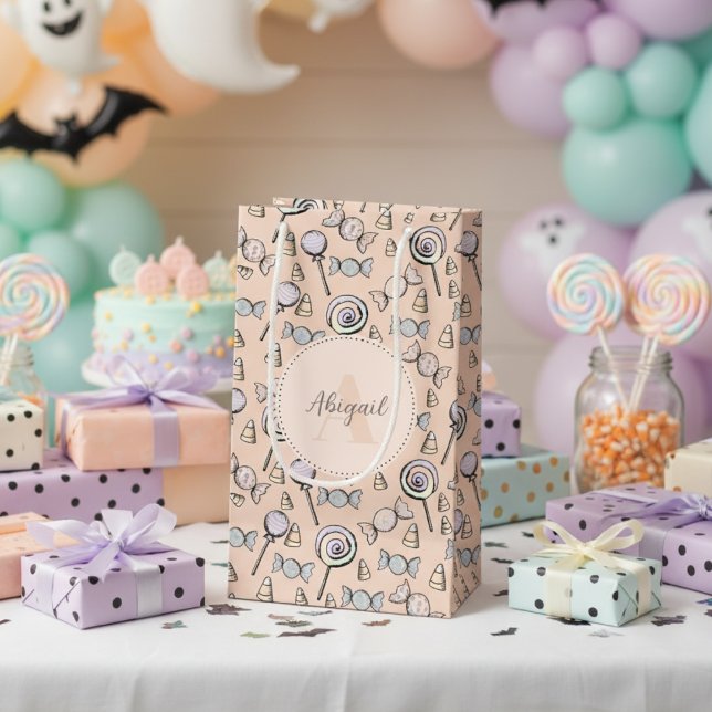 Sacola Para Presentes Pequena Tema do doce Pastel Orange (Cute Gender Neutral Pastel Orange Candy Theme Gift Bag for Baby Girl / Boy. Candy & Lollipop Pattern)