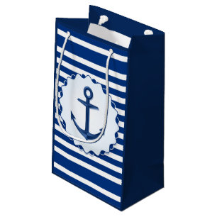 Sacola Para Presentes Pequena Tema Marinho Blue e White Strike com Âncora