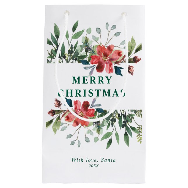 Sacola Para Presentes Pequena Tendy Winter Green Folhas com Flores Vermelhas (Frente)