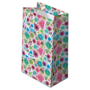 Sacola Para Presentes Pequena Teste padrão bonito do fundo da coruja da flor