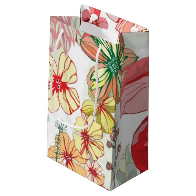 Sacola Para Presentes Pequena Teste padrão com flores vermelhas (Verso inclinado)