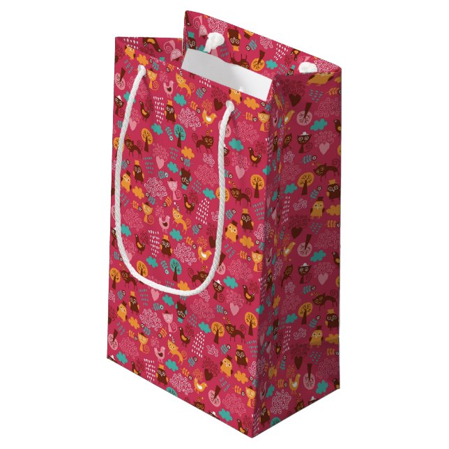 Sacola Para Presentes Pequena Teste padrão com pássaros bonitos e gatos (Verso inclinado)