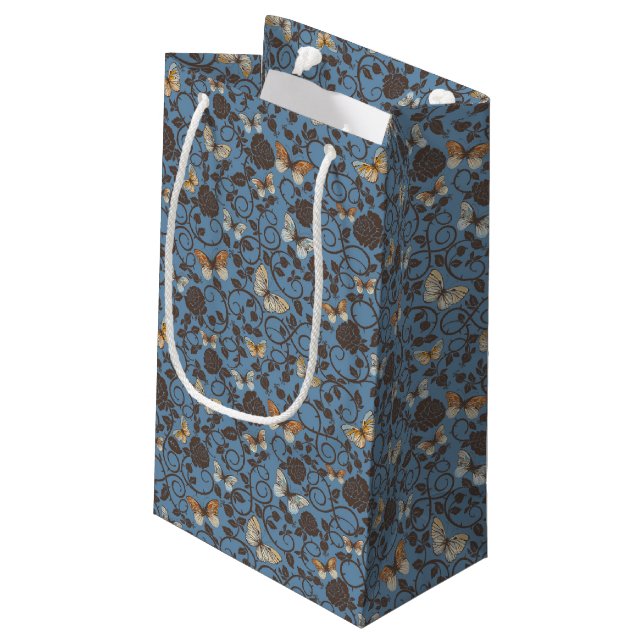 Sacola Para Presentes Pequena teste padrão com rosas e borboleta (Verso inclinado)
