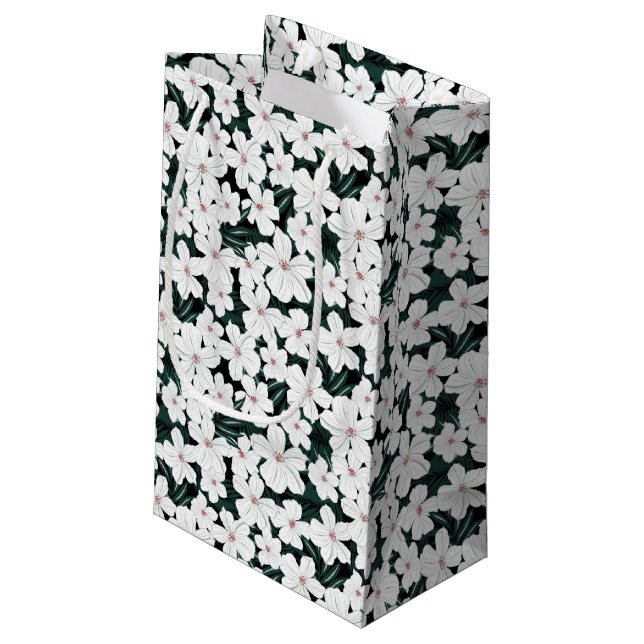 Sacola Para Presentes Pequena Teste padrão de flores tropical branco (Verso inclinado)