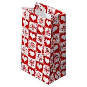 Sacola Para Presentes Pequena Teste padrão do Natal dos corações e dos flocos