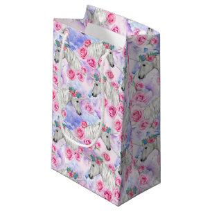 Sacola Para Presentes Pequena Teste padrão dos unicórnios & dos rosas