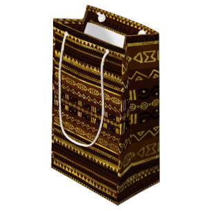 Sacola Para Presentes Pequena Teste padrão dourado africano étnico no marrom