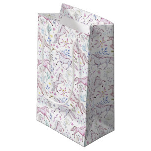 Sacola Para Presentes Pequena Teste padrão floral do unicórnio da aguarela
