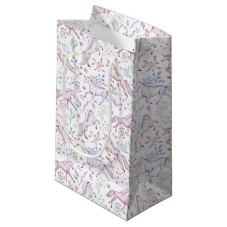 Sacola Para Presentes Pequena Teste padrão floral do unicórnio da aguarela