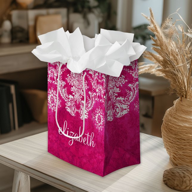 Sacola Para Presentes Pequena Texto Personalizado de Cor damasco Rosa Quente (Custom Gift Bag)