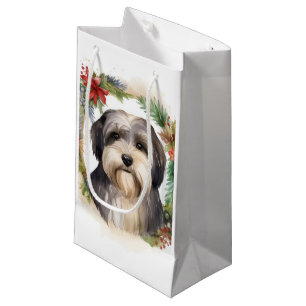 Sacola Para Presentes Pequena Tibetano Terrier Christmas Wreath Festivo Pup