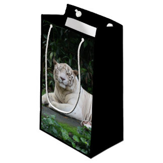 Sacola Para Presentes Pequena Tigre Bengala Preto e Branco relaxado e sorrindo