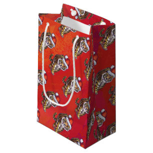 Sacola Para Presentes Pequena Tigre Natal em Vermelho