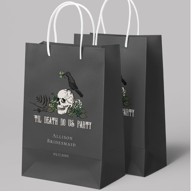 Sacola Para Presentes Pequena Til Death Do U Party Black Irish Skull Bridesmaid (Til Death Do Us Party Irish Skull Bridesmaid Gift Bag. Hand-drawn Skull, Green Roses & Black Crow.)