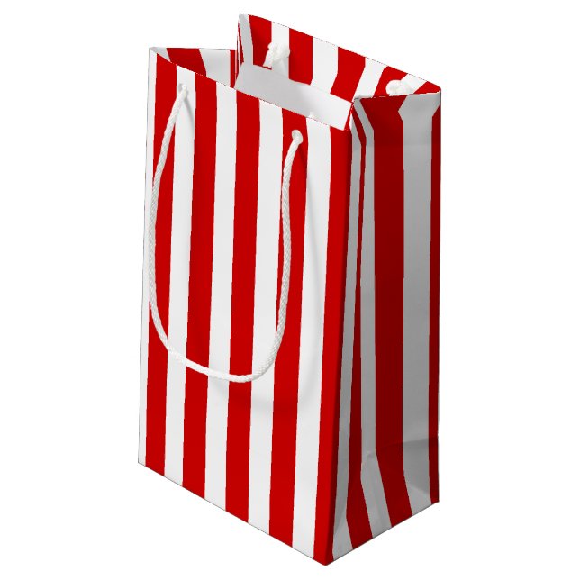 Sacola Para Presentes Pequena Tiras de doces, vermelhas e brancas (Verso inclinado)