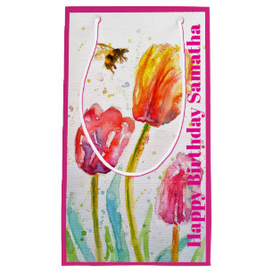 Sacola Para Presentes Pequena Tulipa Flor de Tulipa Rosa Vermelha Aquarela Anive