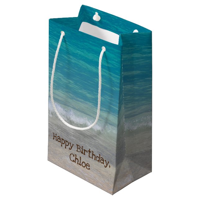 Sacola Para Presentes Pequena Turquesa oceano e praia (Frente inclinada)