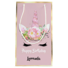 Sacola Para Presentes Pequena Unicorn Feliz Aniversário Nome Dourado Rosa Girly 
