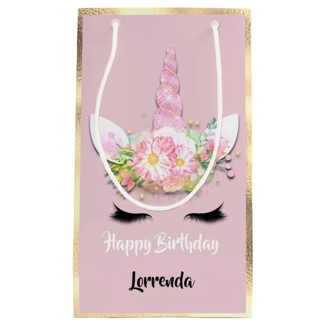 Sacola Para Presentes Pequena Unicorn Feliz Aniversário Nome Dourado Rosa Girly  (Frente)