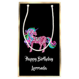 Sacola Para Presentes Pequena Unicorn Feliz Aniversário Nome Dourado Rosa Menino
