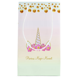 Sacola Para Presentes Pequena Unicórnio Fofo, Flores Rosa & Confete Dourado