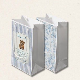 Sacola Para Presentes Pequena Urso de pelúcia vintage listras azuis Toile floral