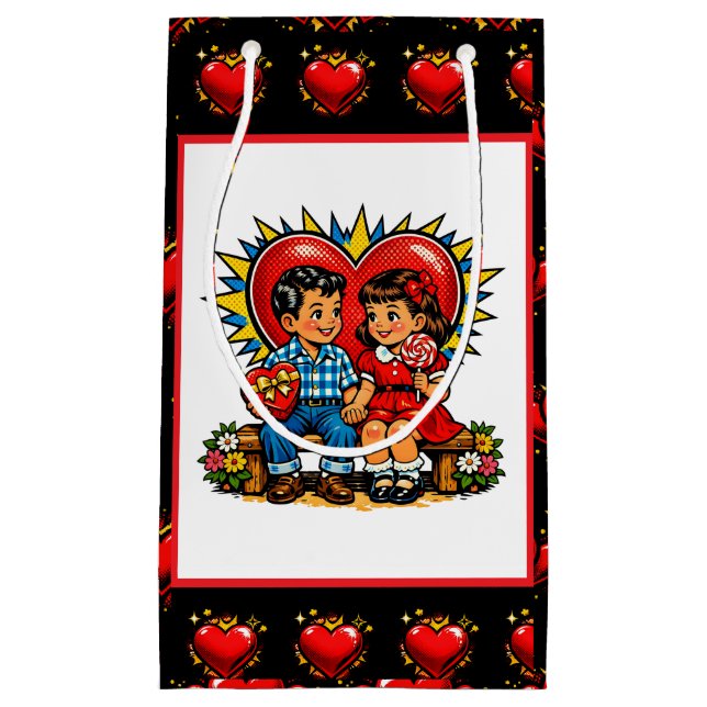 Sacola Para Presentes Pequena Valentine's Day | Retro Pop Art Boy and Girl (Frente)