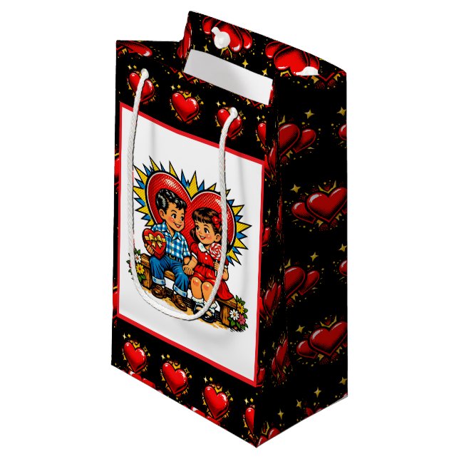Sacola Para Presentes Pequena Valentine's Day | Retro Pop Art Boy and Girl (Frente inclinada)