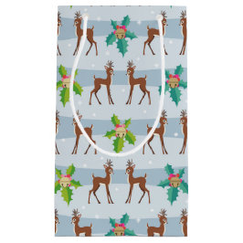Sacola Para Presentes Pequena Veado de Natal de inverno com Holly Retro Inspirad
