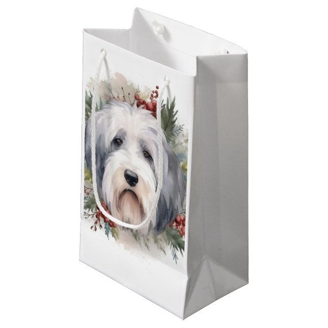 Sacola Para Presentes Pequena Velha Inglês Sheepdog Christmas Wreath Festivo Pup (Frente inclinada)