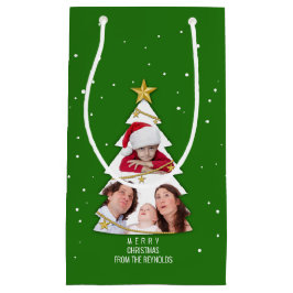 Sacola Para Presentes Pequena Verde-Colagem de Fotos da Árvore de Natal Moderno