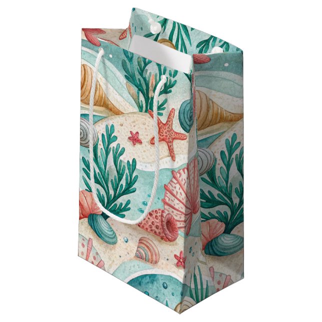 SACOLA PARA PRESENTES PEQUENA VERDE & CORAL VERÃO CONCHAS (Frente inclinada)