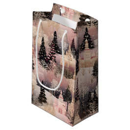 Sacola Para Presentes Pequena Vila de Natal Rosa e Preta Elegante