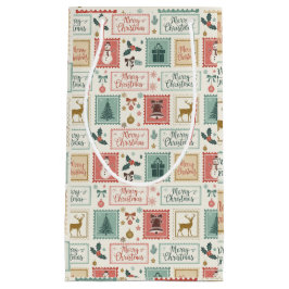 Sacola Para Presentes Pequena Vintage Christmas Postage Pattern