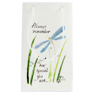 Sacola Para Presentes Pequena Vintage Watercolor Dragonfly Sempre Lembrar texto 