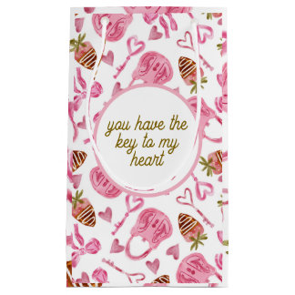 Sacola Para Presentes Pequena Você tem a chave do meu coração, aquarela rosa