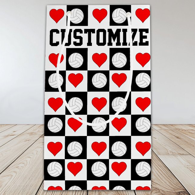 Sacola Para Presentes Pequena Volleybolas e Corações Personalizadas Nome do Joga (Custom volleyball gift bag with personalized player name or text.)