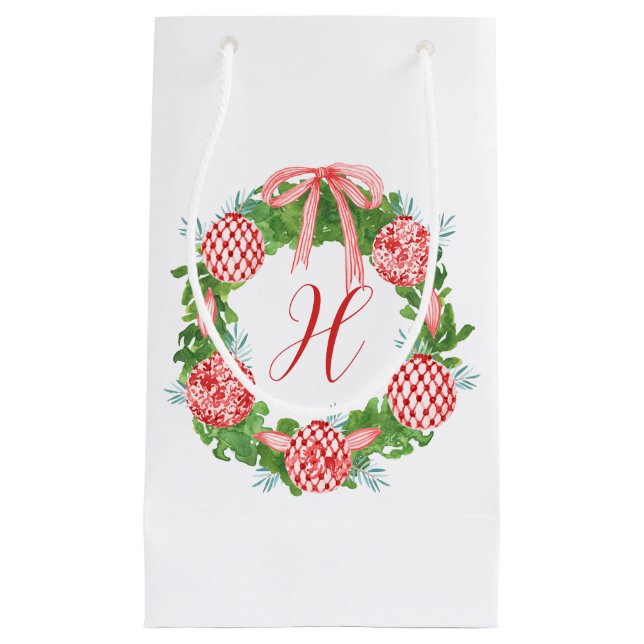 Sacola Para Presentes Pequena Watercolor Chinoiserie Wreath Christmas Monograma (Frente)