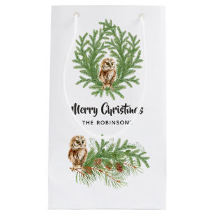 Sacola Para Presentes Pequena Watercolor Owl Christmas