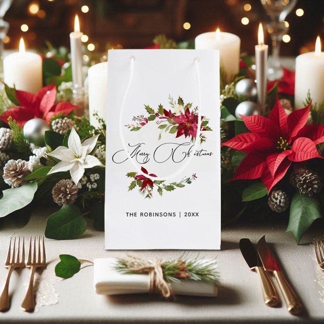 Sacola Para Presentes Pequena Watercolor Poinsettia Natal (Watercolor Poinsettia Christmas Small Gift Bag)