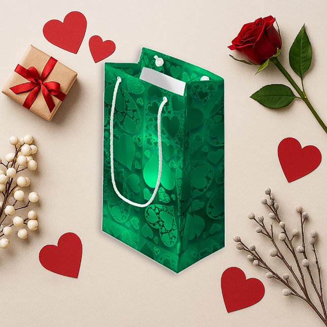 Sacola Para Presentes Pequena Whimsical Green Graphic Heart Pattern Design (Criador carregado)