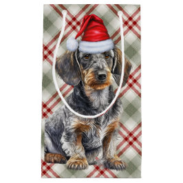 Sacola Para Presentes Pequena Wire Haired Dachshund Dog on Red Plaid Christmas