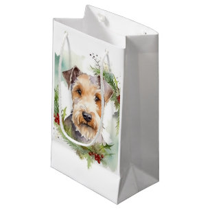 Sacola Para Presentes Pequena Wirefox Terrier Wreath de Natal Festivo Pup