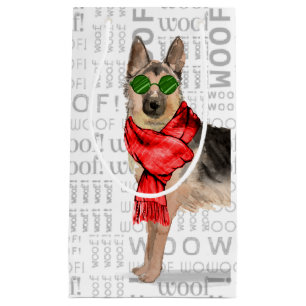 Sacola Para Presentes Pequena Woof Art e um Cão de Natal German shepherd