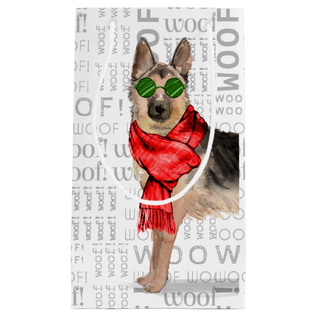 Sacola Para Presentes Pequena Woof Art e um Cão de Natal German shepherd (Frente)