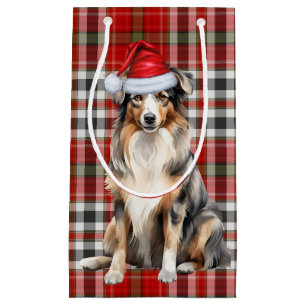 Sacola Para Presentes Pequena Xadrez e cão de Natal pastor australiano