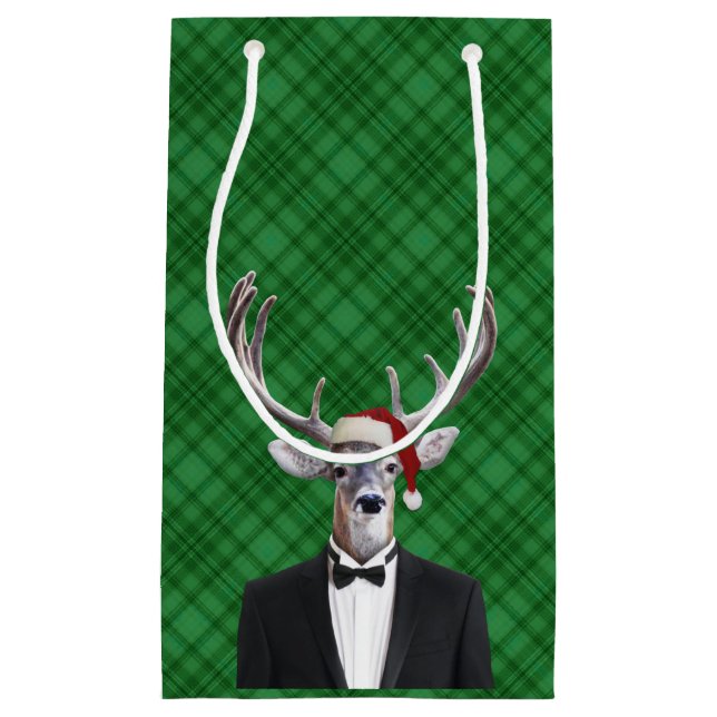 Sacola Para Presentes Pequena Xadrez engraçada do verde dos cervos do Natal do (Frente)