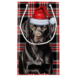 Sacola Para Presentes Pequena Xadrez Vermelha com um Cachorro de Natal de Labora